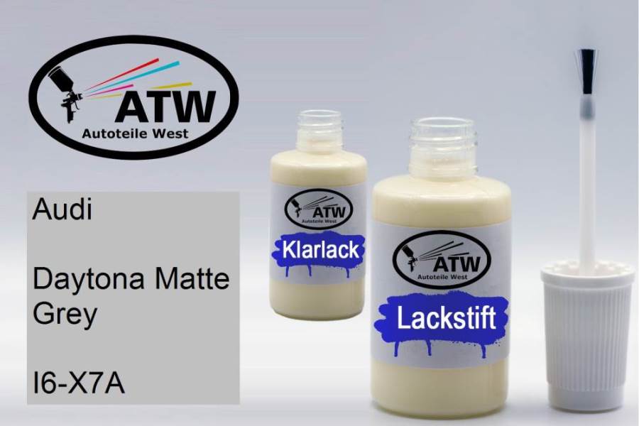 Audi, Daytona Matte Grey, I6-X7A: 20ml Lackstift + 20ml Klarlack - Set, von ATW Autoteile West.